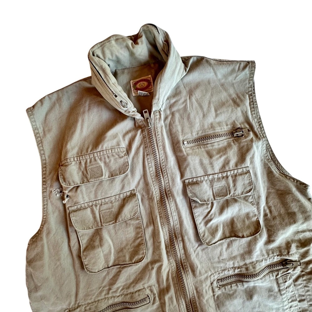 VTG Banana Republic Safari Utility Vest Tan Cotton XL Hood Photo Fishing Hunting